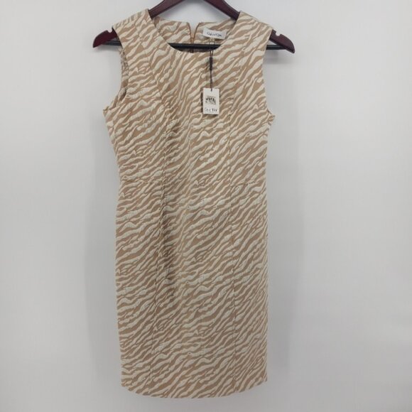 Calvin Klein Animal Print Career Dress Size 8 Petite Dark Khaki and Ivory - Picture 1 of 10